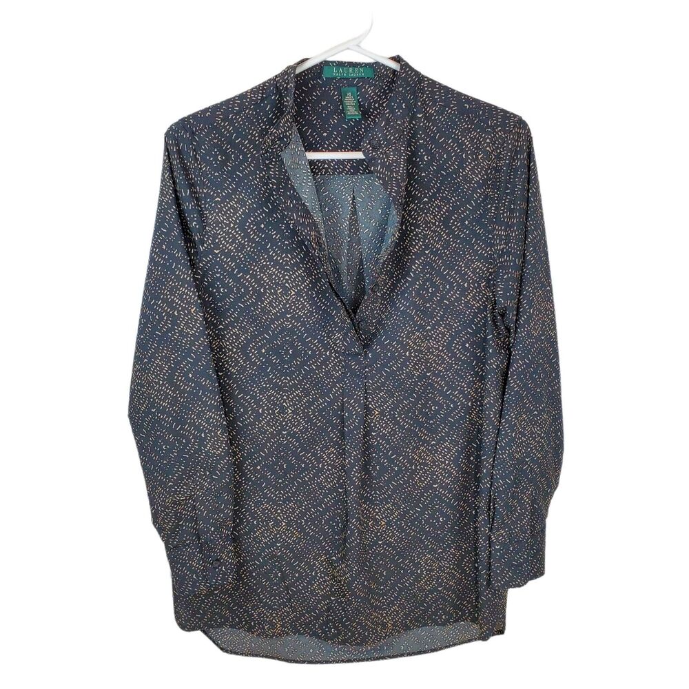 Lauren Ralph Lauren Shirt Womens XS Blouse Black Geometric Long Sleeve Polyester